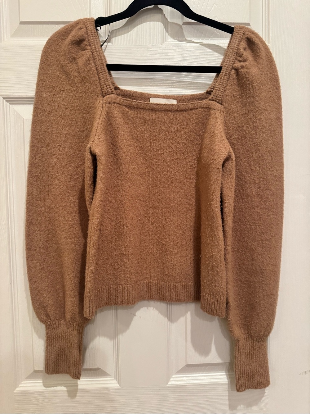 H&M Camel Square Neck Puff Sleeve Sweater